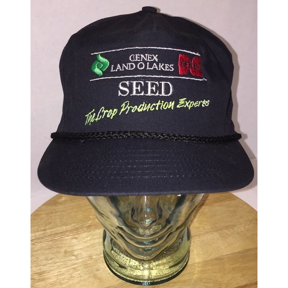 Vintage CENEX Land O Lakes SEED Crop Black Hat Cap Snapback Cord Farming Feed